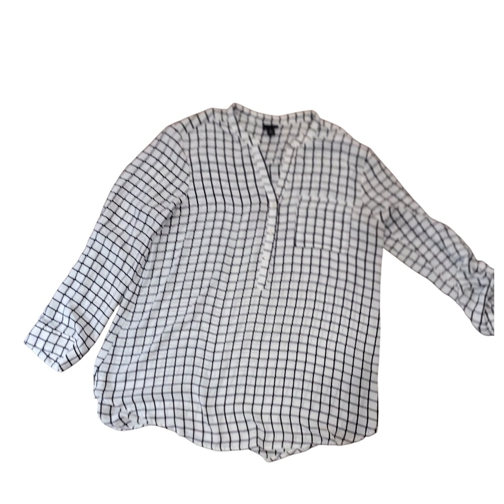 Worthington Womens Windowpane Grid Henley Blouse White‎ Black Long Sleeve Large